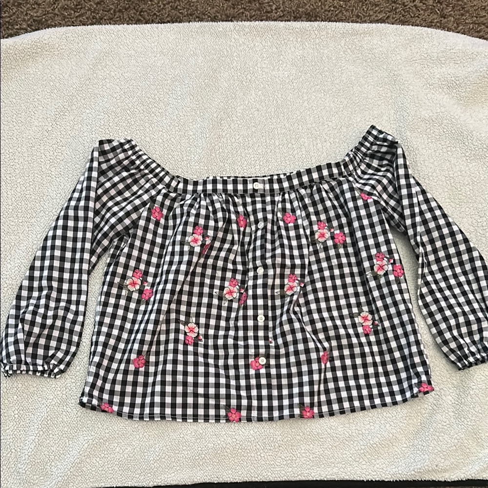 Hollister Black and White Gingham Blouse with Floral Embroidery